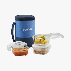 BOROSIL Set Of 3 Lunch Box Square - Kns Vertical Blue 320 Ml