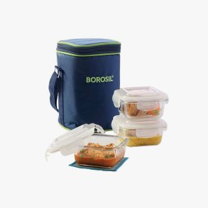 BOROSIL Set Of 3 Lunch Box Square - Kns Vertical Blue 320 Ml