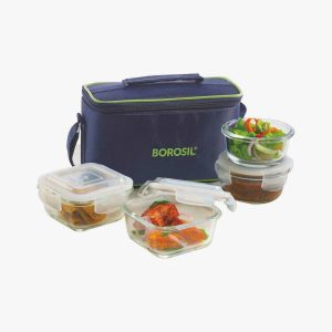 BOROSIL Set Of 4 Lunch Box Square + Round Kns